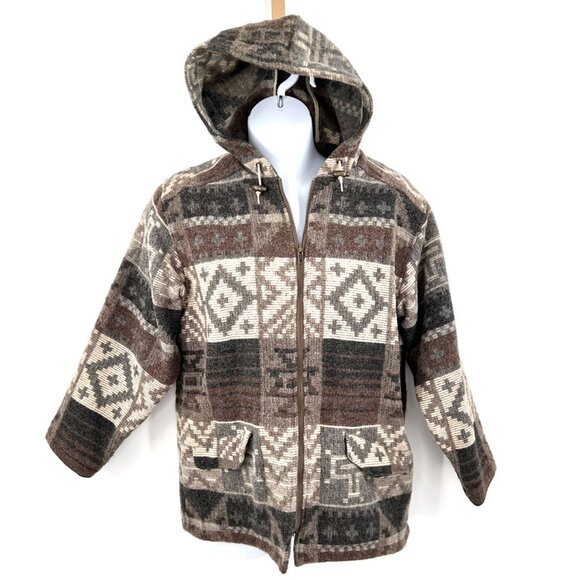 VINTAGE WOOLRICH WESTERN HOODED ZIP WOOL BLND GEOMETRIC SHAPE BROWN BEIGE JACKET - Picture 1 of 6
